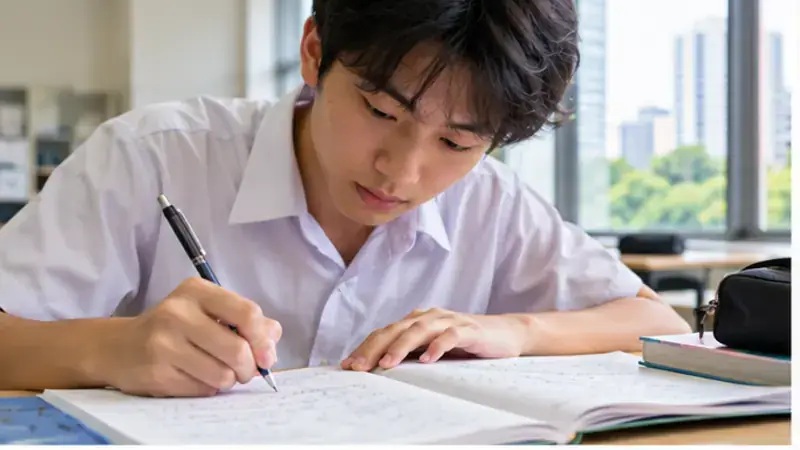 Student revising Additional Mathematics formulas with a notebook