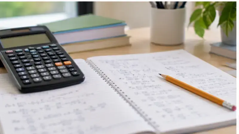 A-Math revision workspace with calculator and notebook