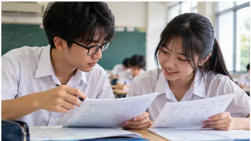 Student checking an A-Math formula revision sheet