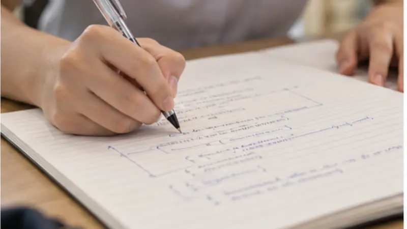 A student organising essay ideas in a notebook