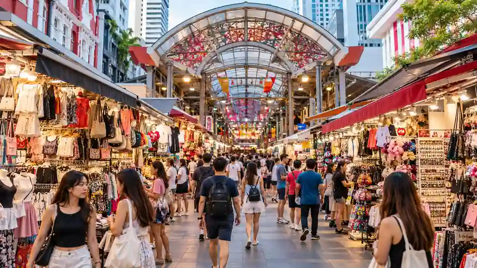 Bugis Street shopping lanes with stalls and visitors in Singapore