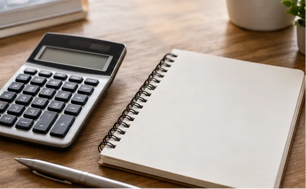Calculator and blank notebook for a compound interest formula example
