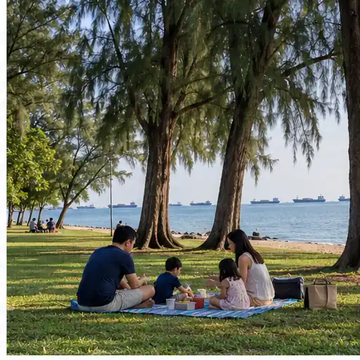 Cyclists on a shaded path beside the beach at East Coast Park
