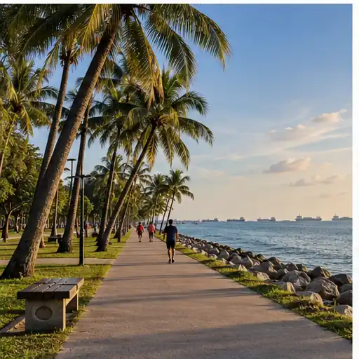 Family picnic beneath trees by the East Coast Park shoreline