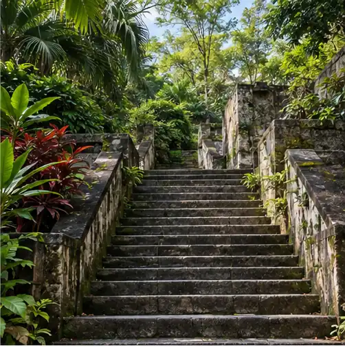 Shaded walking paths among historic trees at Fort Canning Park