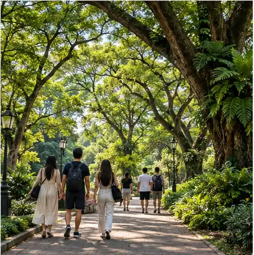 Visitors walking through the park near the Tree Tunnel