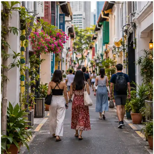 Evening cafes and shophouses along a pedestrian lane
