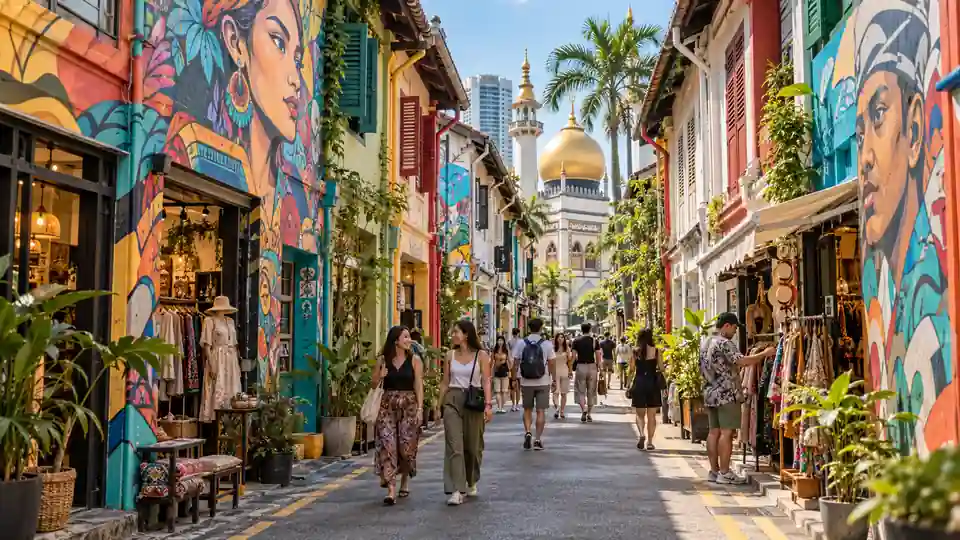 Haji Lane with colourful murals and shophouse boutiques in Singapore