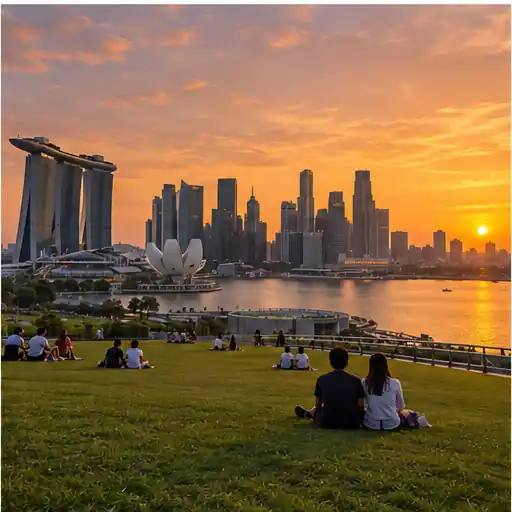 Cyclists on the promenade near Marina Barrage at sunset