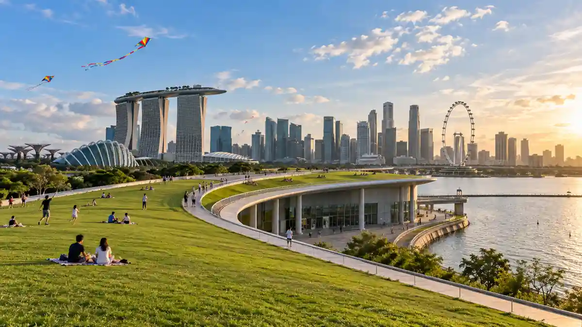 Marina Barrage green roof beside the reservoir and Singapore skyline