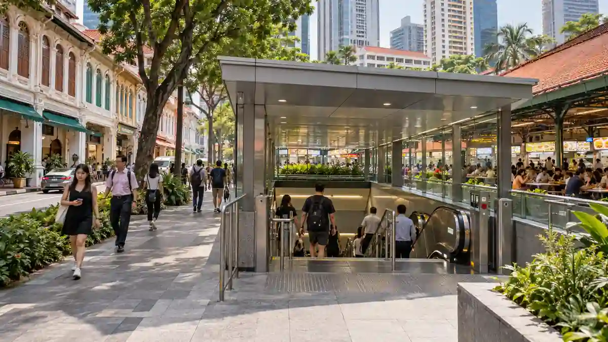 Illustrated Maxwell MRT entrance near a hawker centre and Chinatown shophouses