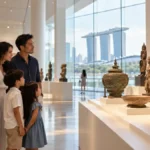 Family viewing artefacts in a gallery representing museums in Singapore