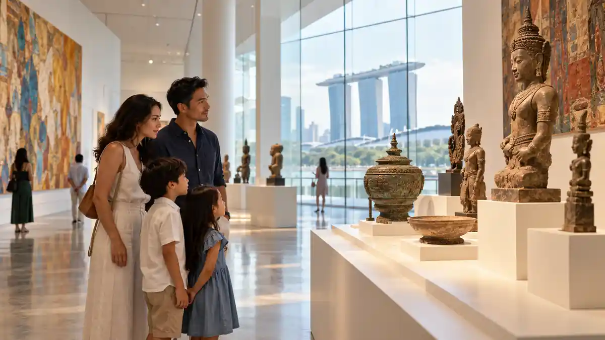 Family viewing artefacts in a gallery representing museums in Singapore