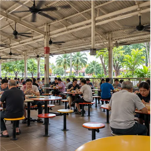 Rows of food stalls inside a covered hawker centre