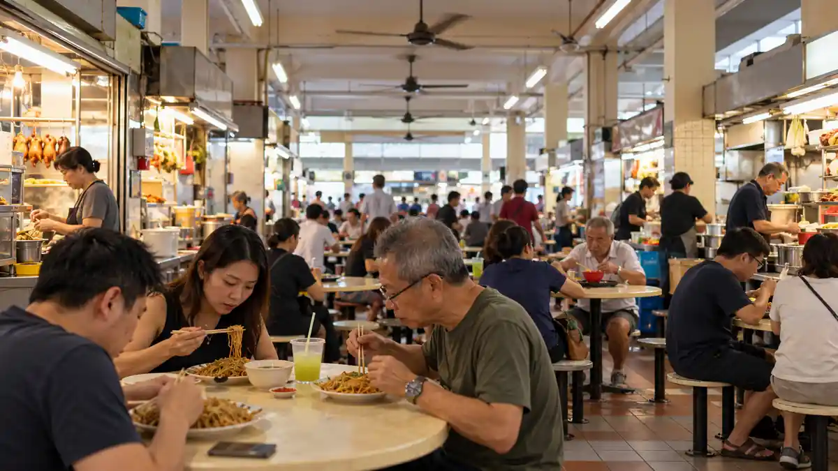 Diners and food stalls inside a Singapore hawker centre representing Old Airport Road Food Centre