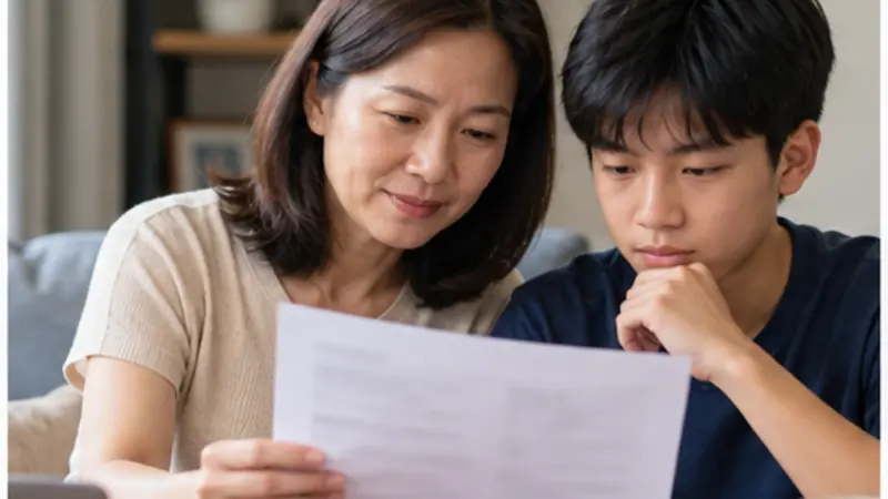 A student and parent reviewing secondary school cut-off point information