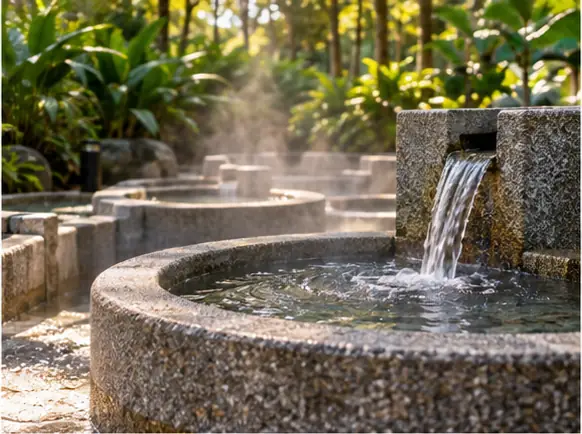 Visitor dipping feet in the outdoor hot spring pool at Sembawang