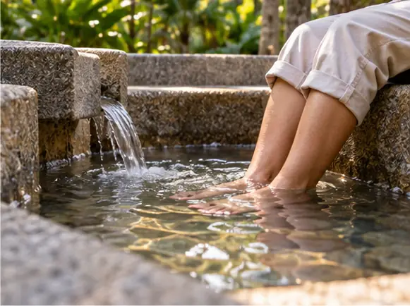 Stone foot bath channels at a tropical park in Singapore