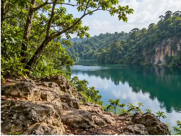 Quiet quarry reservoir framed by forest in Bukit Timah Nature Reserve