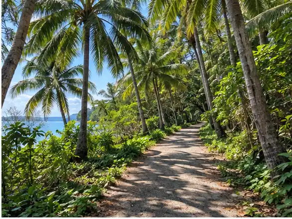 Palm-lined shore and clear water on St John’s Island
