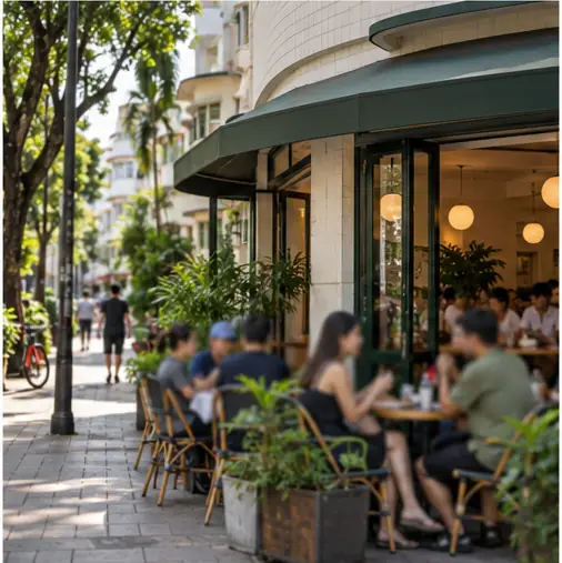 Shaded walking route past conserved Tiong Bahru shophouses