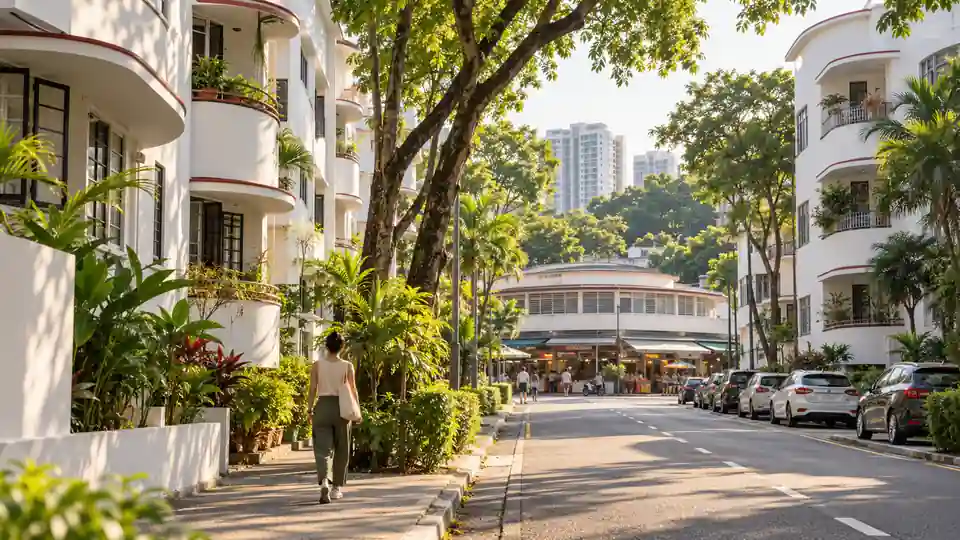 Tiong Bahru low-rise housing blocks and tree-lined street in Singapore
