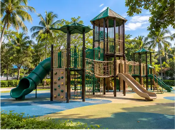 Families at an adventure playground in West Coast Park
