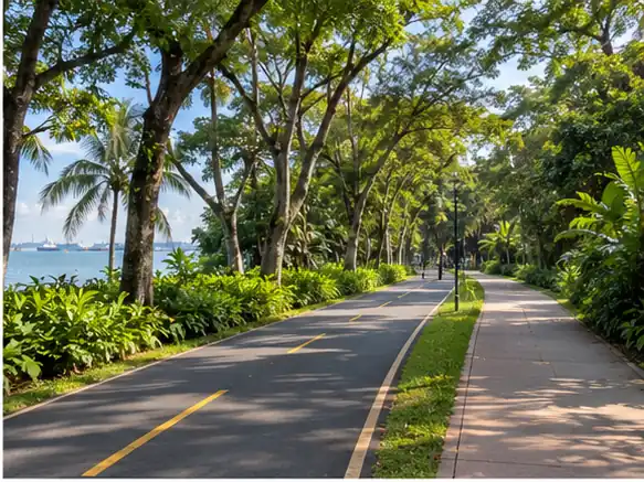 Open lawn and shady trees at West Coast Park